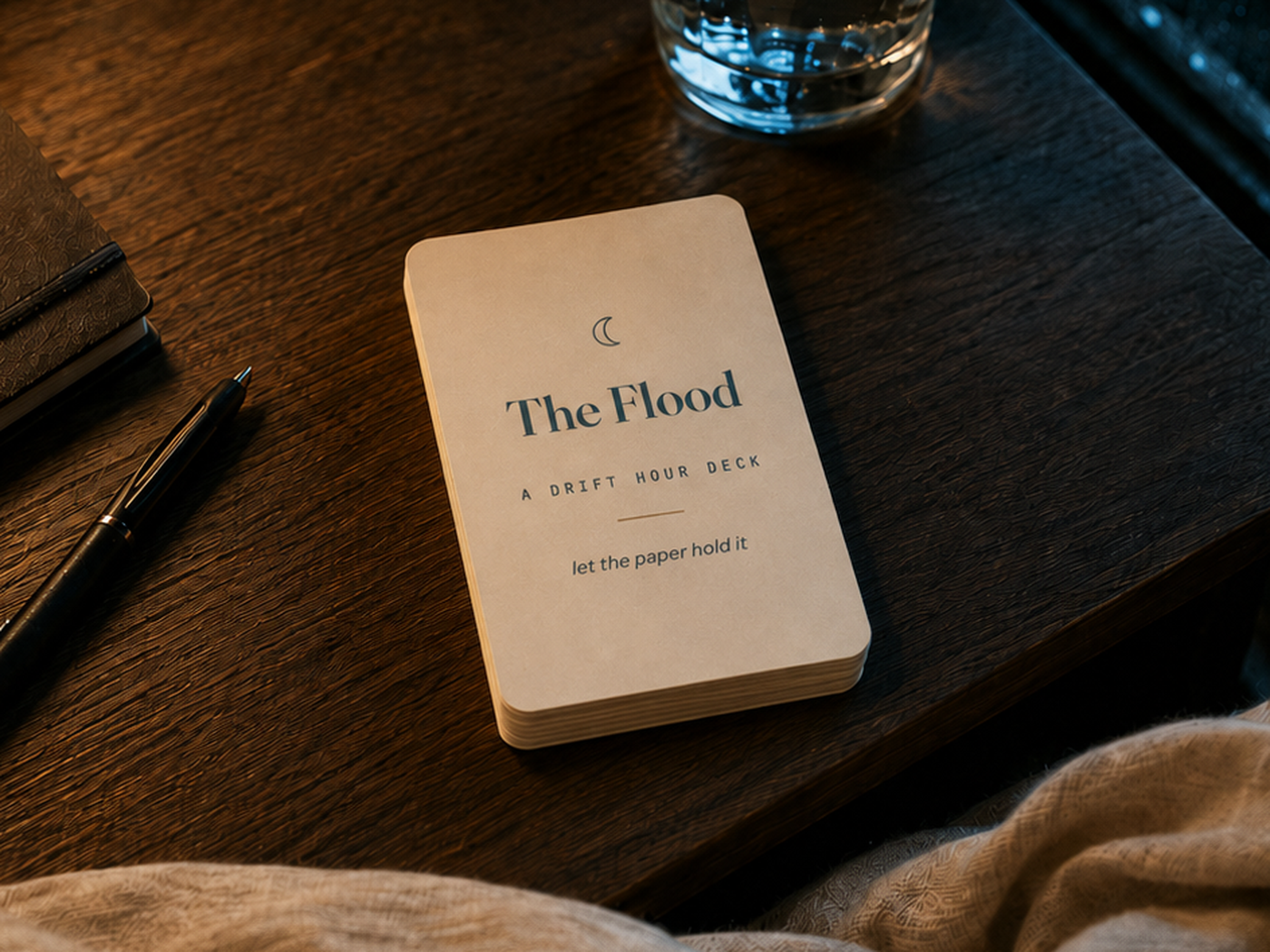 The Flood deck on a nightstand