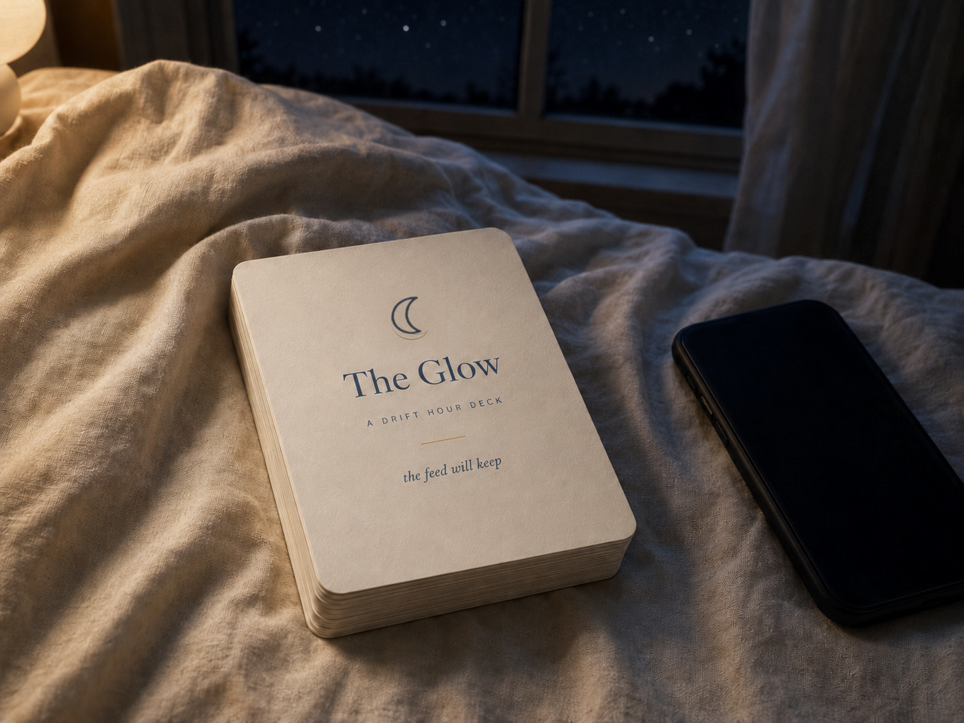 The Glow deck on linen sheets