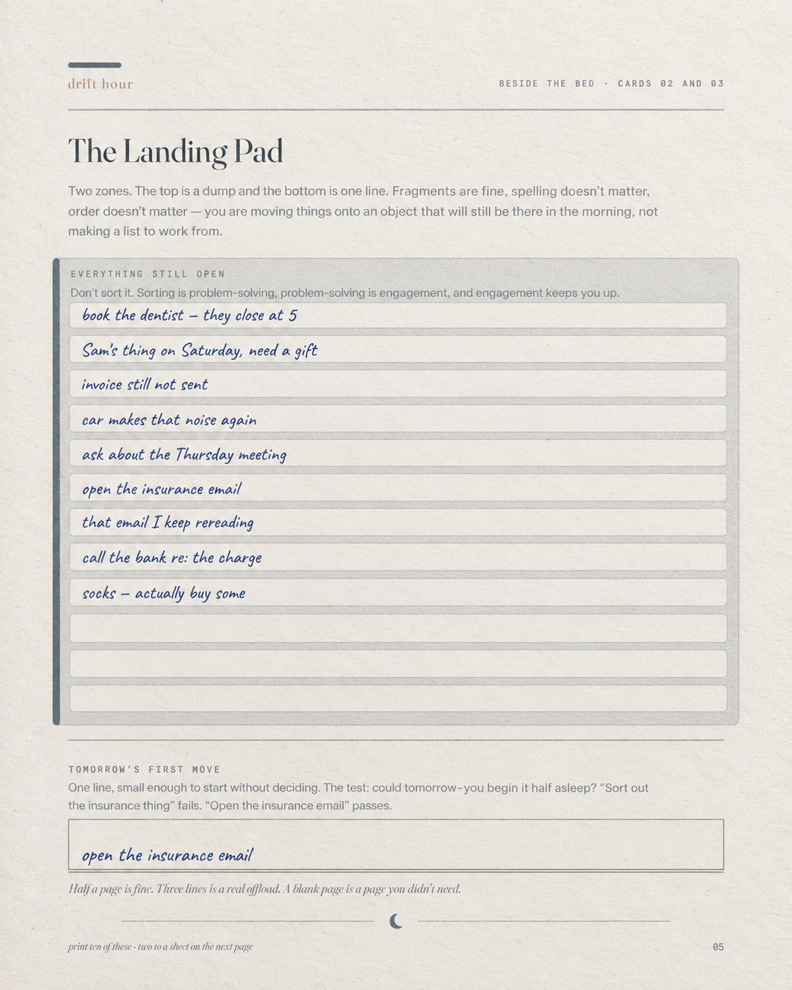 A completed Landing Pad worksheet with handwritten open loops and one first move for tomorrow
