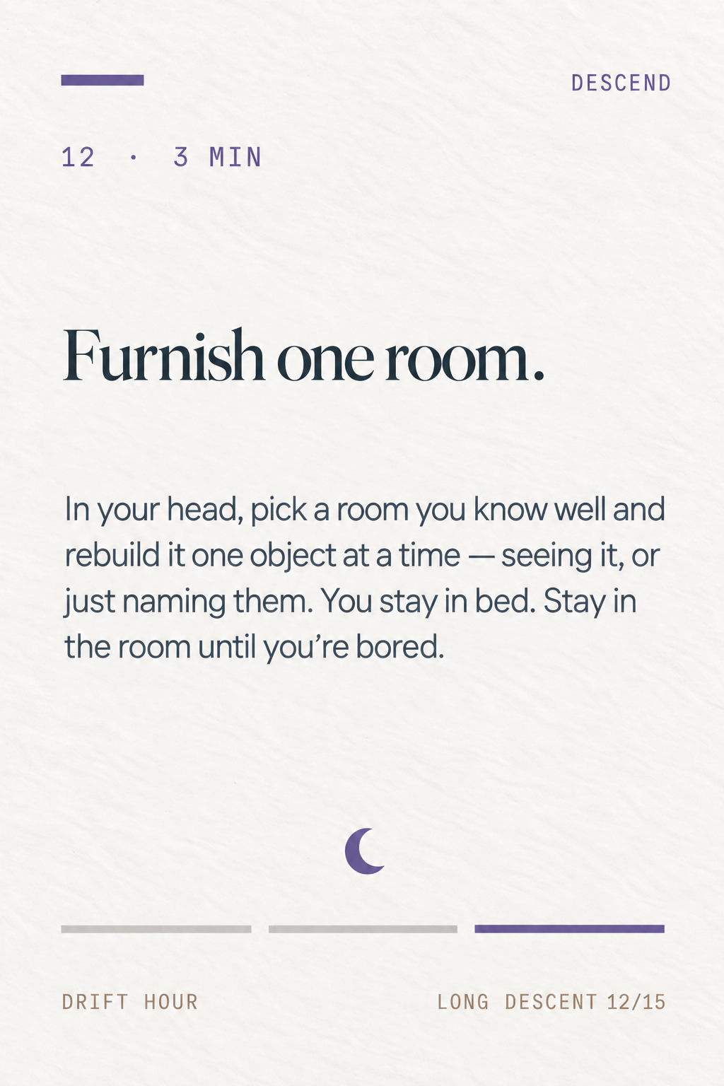 Card 12 from the core deck — Furnish one room.