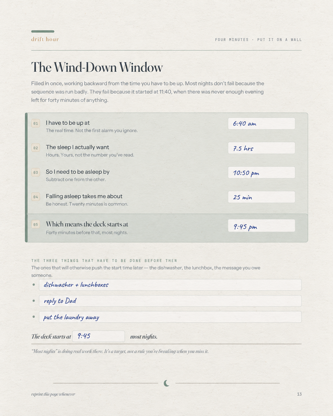 A completed Wind-Down Window worksheet with handwritten sleep times and evening tasks