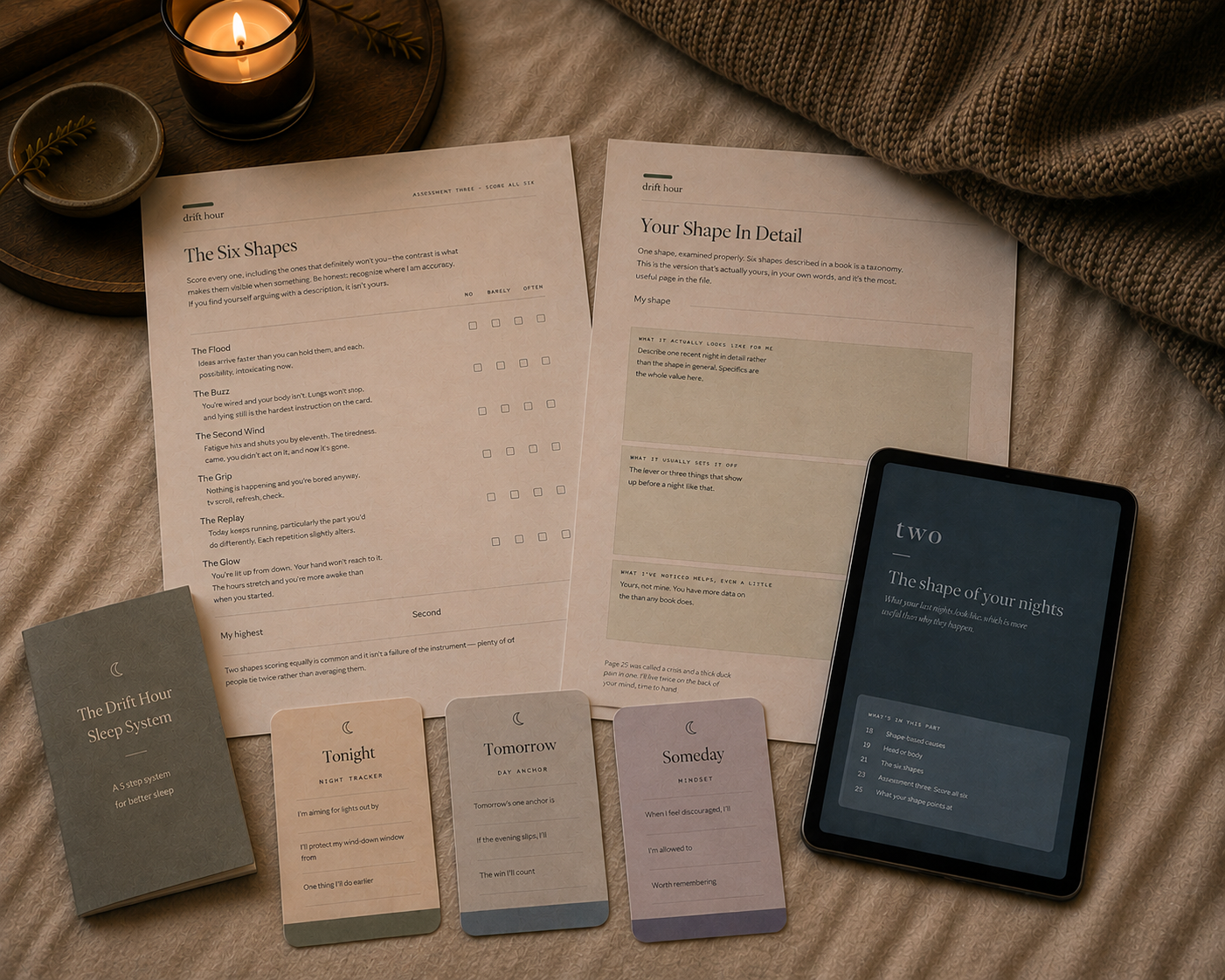 The Sleep Map: two filled assessment sheets, three pattern cards and a candle on a textured blanket