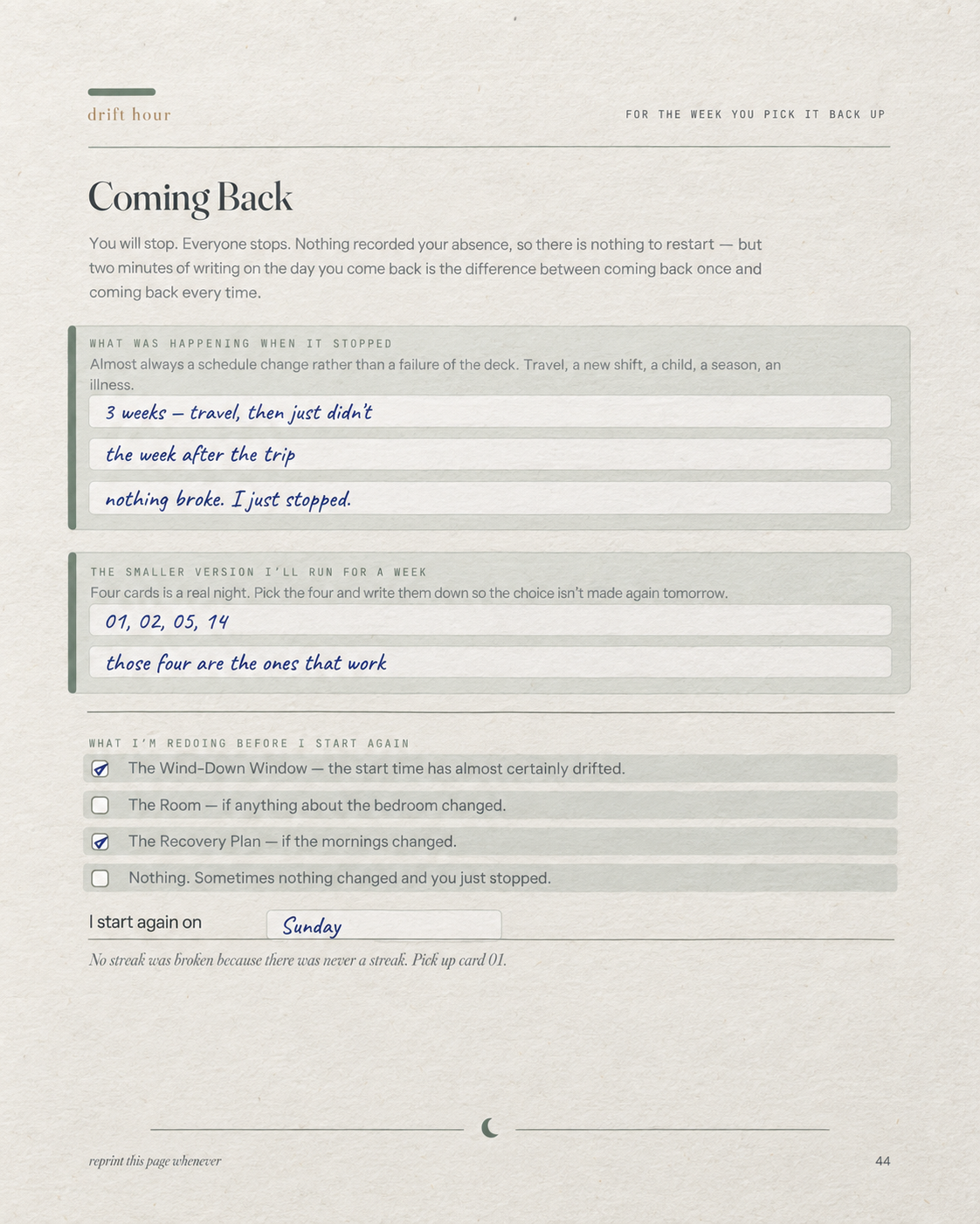 A Coming Back worksheet for restarting after a gap, with space for what changed and which sheets to redo.